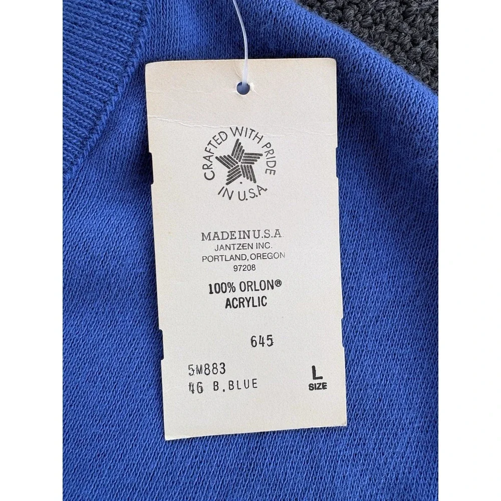 Vintage 80s Jantzen Blue Sweater Size Large Made In USA V Neck Pullover Acrylic